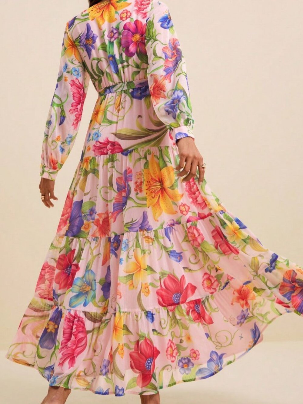 Multicolor Boho Women's V-Neck Long Sleeve Cinched Waist Tropical Floral Dress - Picture 2 of 8